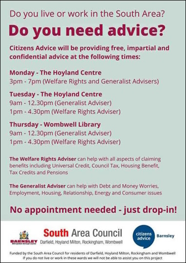 Poster showing times of drop in advice sessions
